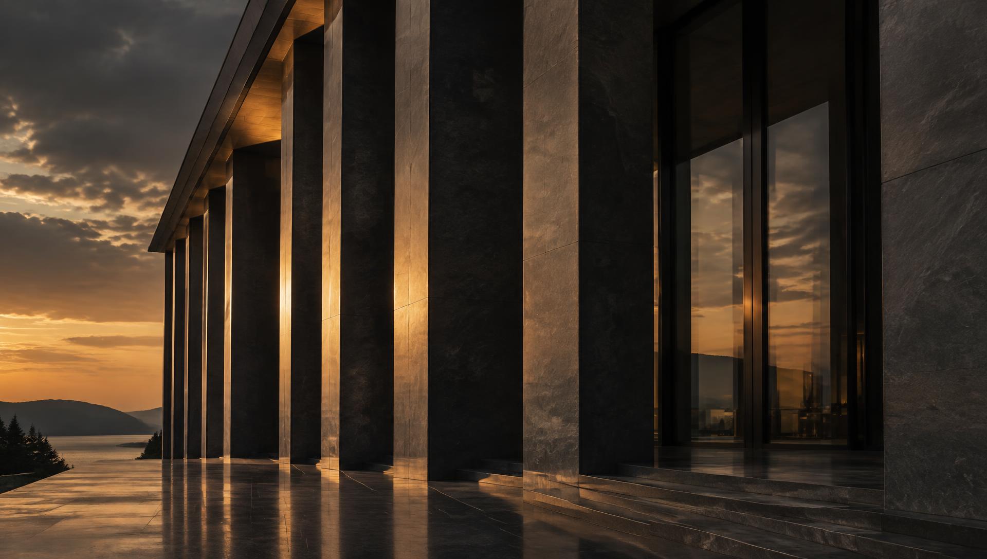 Colonnade of a contemporary stone and glass building at dusk
